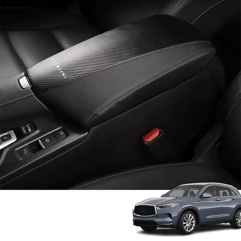 ملحقات داخلية مخصصة من بملبت لإنفينيتي QX50 2019 2020 2021 2022 2023 QX55 2022 2023 غطاء صندوق ذراع الوسط من الجلد وسادة ذراع الوسط واقي صندوق الذراع بملمس ألياف الكربون